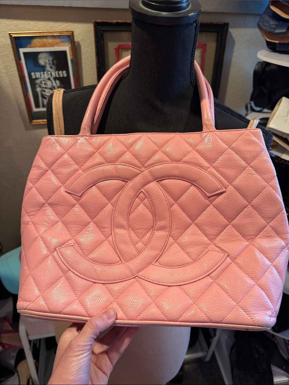 CHANEL Pink Quilted Double-C Leather Tote